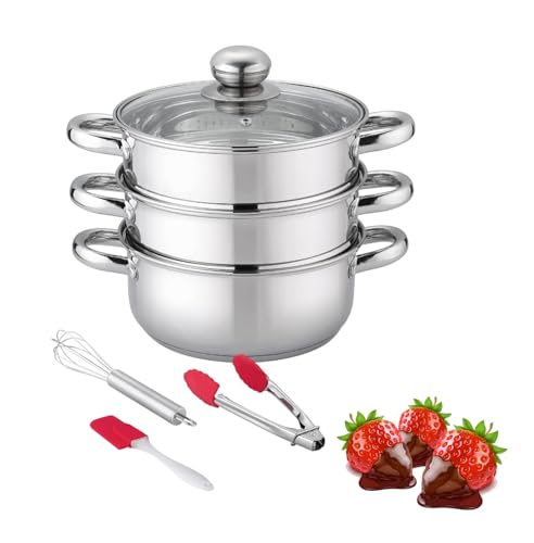Doppelkessel mit zwei Griffen und Dampftöpfen zum Schmelzen von Schokolade, Kerzenherstellung, Edelstahl-Dampfgarer mit gehärtetem Glasdeckel für klare Sicht beim Kochen, Geschirrspüler & Ofen mit 3 Kochutensilien Set von purelife