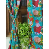 Blaugrüner Boho-Vorhang, Set Aus Zwei Mehrfarbigen, Halbtransparenten Baumwoll-Vorhängen Mit Blumendruck. Geschenk Für Mama von pureprintjpr