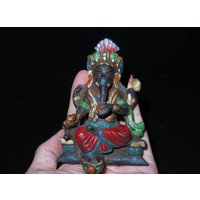 Nepal Hindu Bronze Farbe Gemalt Sitzend Vierarmiger Lord Ganesha Miniatur Statue | A von purifylifestyle