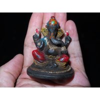 Nepal Hindu Bronze Farbe Gemalt Sitzend Vierarmiger Lord Ganesha Miniatur Statue | B von purifylifestyle