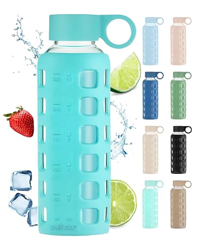 purifyou Premium 40/32/22/12oz Glas Wasserflaschen mit Volumen & Zeiten zum Trinken, Silikonhülle & Edelstahl-Deckel-Einsatz, wiederverwendbare Flasche für Kühlschrank, Milch, Saft (12oz Aqua Blue) von purifyou