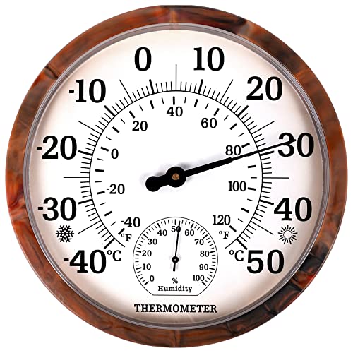 Indoor Outdoor Thermometer Hygrometer - 10 Zoll Außenthermometer Große Zahlen, 2 in 1 Thermometer Hygrometer, Außenthermometer für Terrasse (Brown) von pyntop