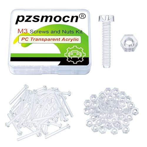 Pzsmocn 100 Stück / 50 Sätze M3 PC Klares Acryl Schrauben und Muttern-Kit. M3 * 20 mm Kunststoffschraube PC Durchsichtiges Acryl Kreuz Handfeste Runde Schraube und M3-Sechskantmutter-Kit. von pzsmocn