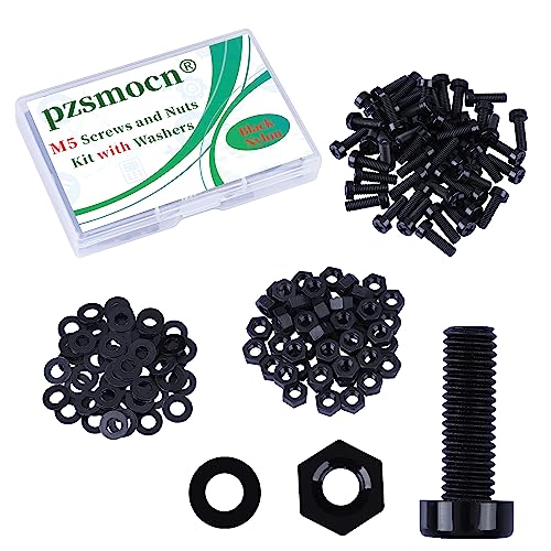 Pzsmocn 150 Stück/50 Sätze M5*15 mm Schwarzes Nylon Kunststoff Kreuzschlitz Rundkopfschrauben-Sechskantmuttern mit Isolierscheibe Standardgröße, für Heimwerker und Elektronische Montage. von pzsmocn