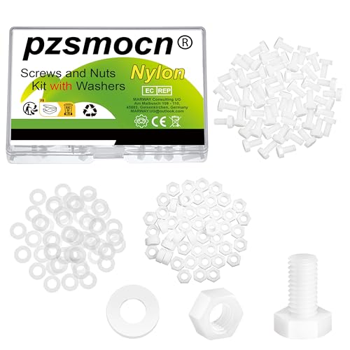 Pzsmocn 150 Stück/50 Sätze M5*10 mm Weißes Nylon Kunststoff Äußeres Sechseck Schrauben-Muttern-Kombinationsset mit Isolierscheibe, Standardgröße für Heimwerker und Elektronische Montage. von pzsmocn
