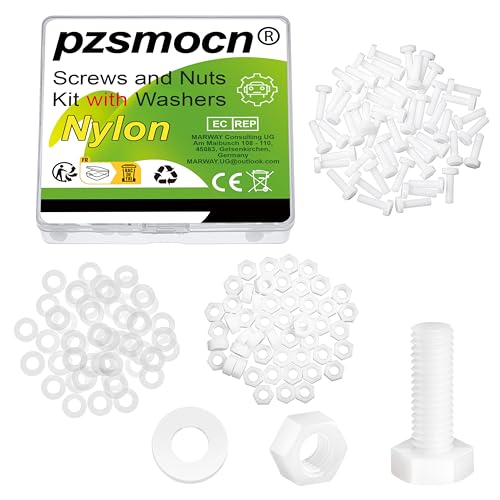 Pzsmocn 150 Stück/50 Sätze M5*15 mm Weißes Nylon Kunststoff Äußeres Sechseck Schrauben-Muttern-Kombinationsset mit Isolierscheibe, Standardgröße für Heimwerker und Elektronische Montage. von pzsmocn