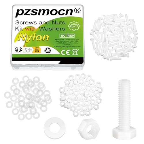 Pzsmocn 150 Stück/50 Sätze M5*20 mm Weißes Nylon Kunststoff Äußeres Sechseck Schrauben-Muttern-Kombinationsset mit Isolierscheibe, Standardgröße für Heimwerker und Elektronische Montage. von pzsmocn