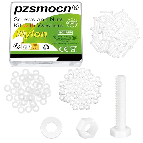 Pzsmocn 150 Stück/50 Sätze M5*25 mm Weißes Nylon Kunststoff Äußeres Sechseck Schrauben-Muttern-Kombinationsset mit Isolierscheibe, Standardgröße für Heimwerker und Elektronische Montage. von pzsmocn