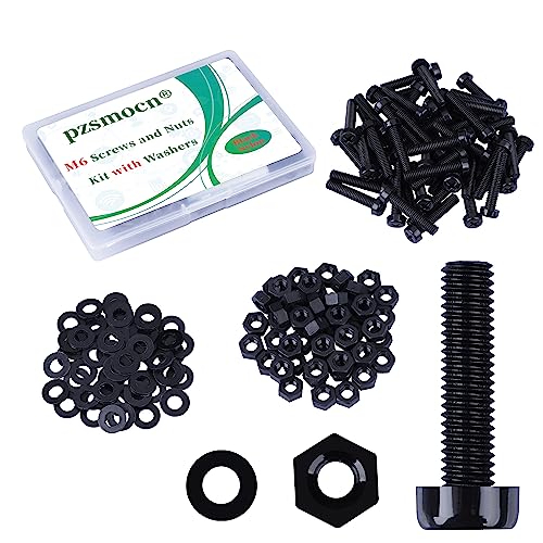Pzsmocn 150 Stück/50 Sätze M6*30 mm Schwarzes Nylon Kunststoff Kreuzschlitz Rundkopfschrauben-Sechskantmuttern mit Isolierscheibe Standardgröße, für Heimwerker und Elektronische Montage. von pzsmocn