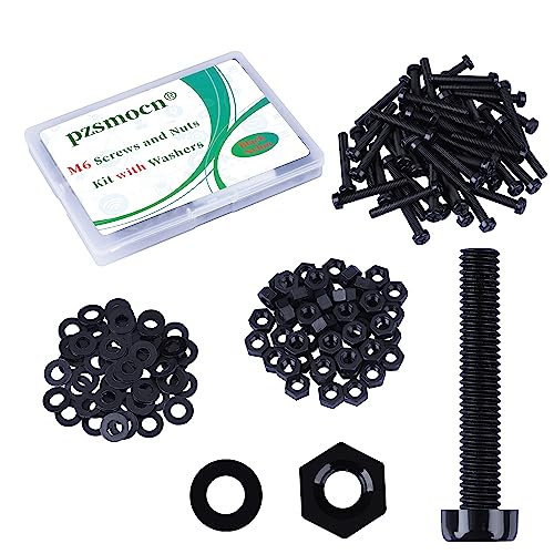 Pzsmocn 150 Stück/50 Sätze M6*40 mm Schwarzes Nylon Kunststoff Kreuzschlitz Rundkopfschrauben-Sechskantmuttern mit Isolierscheibe Standardgröße, für Heimwerker und Elektronische Montage. von pzsmocn