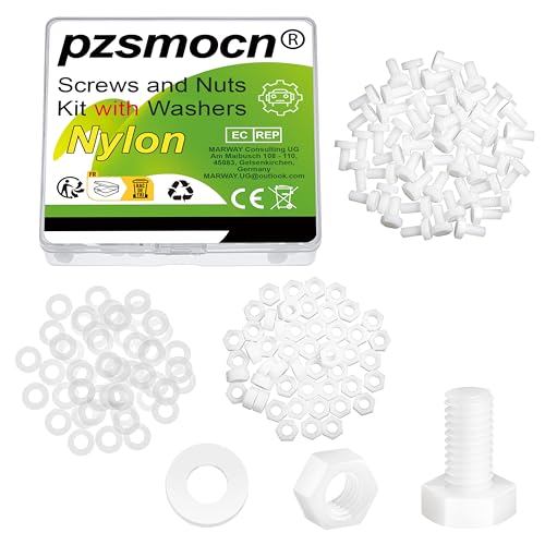 Pzsmocn 150 Stück/50 Sätze M6*12 mm Weißes Nylon Kunststoff Äußeres Sechseck Schrauben-Muttern-Kombinationsset mit Isolierscheibe, Standardgröße für Heimwerker und Elektronische Montage. von pzsmocn