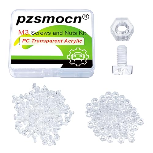 Pzsmocn 200 Stück / 100 Sätze M3 PC Klares Acryl Schrauben und Muttern-Kit. M3 * 5 mm Kunststoffschraube PC Durchsichtiges Acryl Kreuz Handfeste Runde Schraube und M3-Sechskantmutter-Kit. von pzsmocn