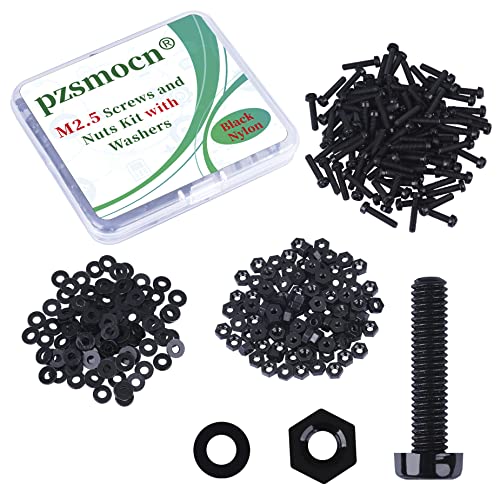 Pzsmocn 300 Stück/100 Sätze M2,5 * 12 mm Schwarzes Nylon Kunststoff Kreuzschlitz Rundkopfschrauben-Sechskantmuttern mit Isolierscheibe Standardgröße, für Heimwerker und Elektronische Montage. von pzsmocn