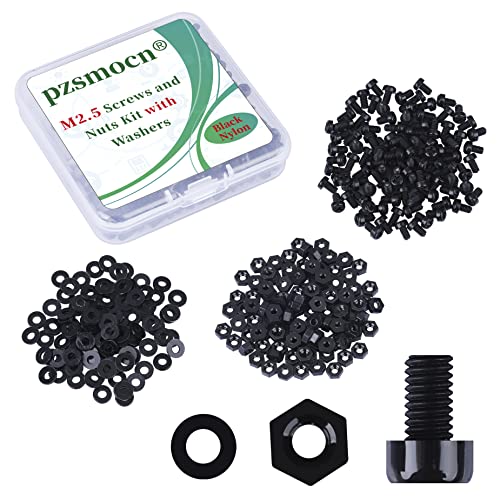 Pzsmocn 300 Stück/100 Sätze M2,5 * 4 mm Schwarzes Nylon Kunststoff Kreuzschlitz Rundkopfschrauben-Sechskantmuttern mit Isolierscheibe Standardgröße, für Heimwerker und Elektronische Montage. von pzsmocn