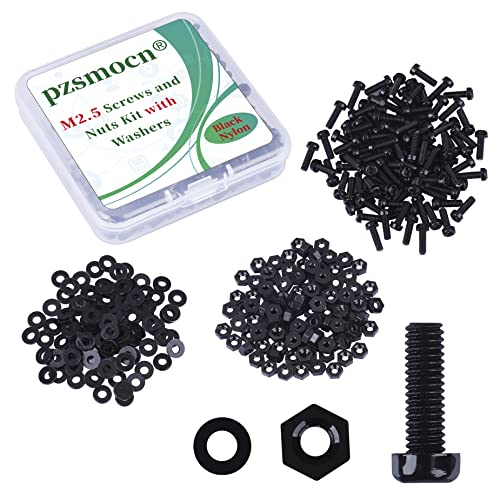 Pzsmocn 300 Stück/100 Sätze M2,5 * 8 mm Schwarzes Nylon Kunststoff Kreuzschlitz Rundkopfschrauben-Sechskantmuttern mit Isolierscheibe Standardgröße, für Heimwerker und Elektronische Montage. von pzsmocn