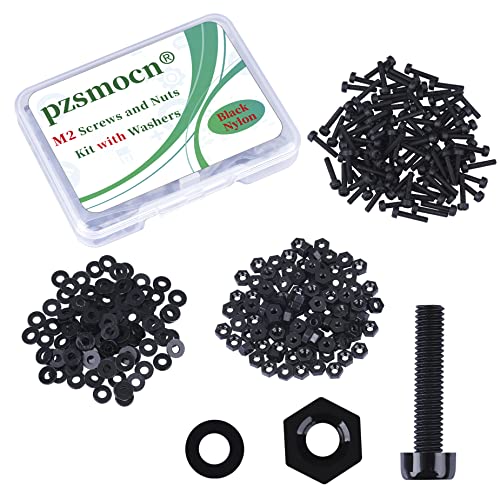 Pzsmocn 300 Stück/100 Sätze M2*10 mm Schwarzes Nylon Kunststoff Kreuzschlitz Rundkopfschrauben-Sechskantmuttern mit Isolierscheibe Standardgröße, für Heimwerker und Elektronische Montage. von pzsmocn
