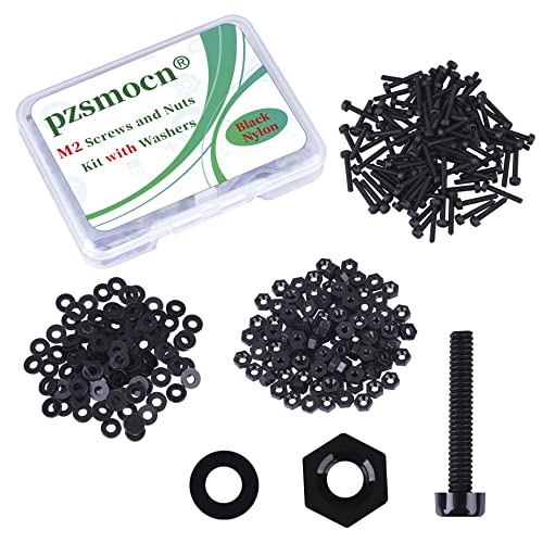 Pzsmocn 300 Stück/100 Sätze M2*12 mm Schwarzes Nylon Kunststoff Kreuzschlitz Rundkopfschrauben-Sechskantmuttern mit Isolierscheibe Standardgröße, für Heimwerker und Elektronische Montage. von pzsmocn