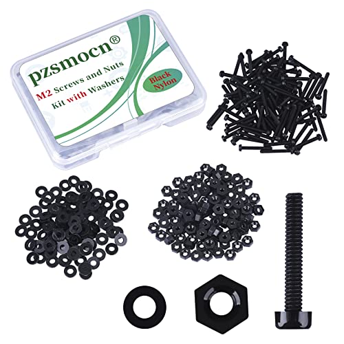 Pzsmocn 300 Stück/100 Sätze M2*15 mm Schwarzes Nylon Kunststoff Kreuzschlitz Rundkopfschrauben-Sechskantmuttern mit Isolierscheibe Standardgröße, für Heimwerker und Elektronische Montage. von pzsmocn