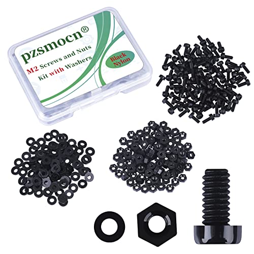 Pzsmocn 300 Stück/100 Sätze M2*5 mm Schwarzes Nylon Kunststoff Kreuzschlitz Rundkopfschrauben-Sechskantmuttern mit Isolierscheibe Standardgröße, für Heimwerker und Elektronische Montage. von pzsmocn