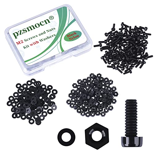 Pzsmocn 300 Stück/100 Sätze M2*6 mm Schwarzes Nylon Kunststoff Kreuzschlitz Rundkopfschrauben-Sechskantmuttern mit Isolierscheibe Standardgröße, für Heimwerker und Elektronische Montage. von pzsmocn