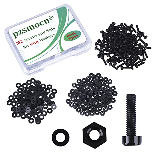 Pzsmocn 300 Stück/100 Sätze M2*8 mm Schwarzes Nylon Kunststoff Kreuzschlitz Rundkopfschrauben-Sechskantmuttern mit Isolierscheibe Standardgröße, für Heimwerker und Elektronische Montage. von pzsmocn