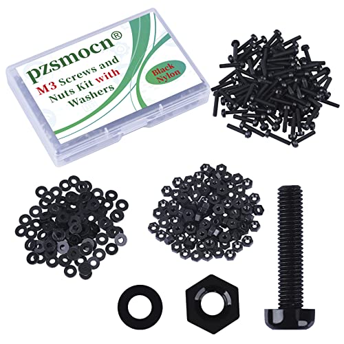Pzsmocn 300 Stück/100 Sätze M3*15 mm Schwarzes Nylon Kunststoff Kreuzschlitz Rundkopfschrauben-Sechskantmuttern mit Isolierscheibe Standardgröße, für Heimwerker und Elektronische Montage. von pzsmocn