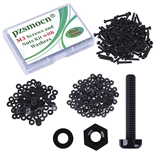Pzsmocn 300 Stück/100 Sätze M3*18 mm Schwarzes Nylon Kunststoff Kreuzschlitz Rundkopfschrauben-Sechskantmuttern mit Isolierscheibe Standardgröße, für Heimwerker und Elektronische Montage. von pzsmocn