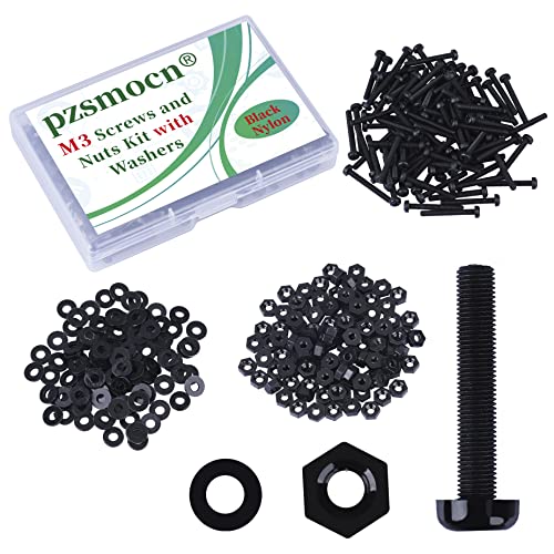 Pzsmocn 300 Stück/100 Sätze M3*25 mm Schwarzes Nylon Kunststoff Kreuzschlitz Rundkopfschrauben-Sechskantmuttern mit Isolierscheibe Standardgröße, für Heimwerker und Elektronische Montage. von pzsmocn