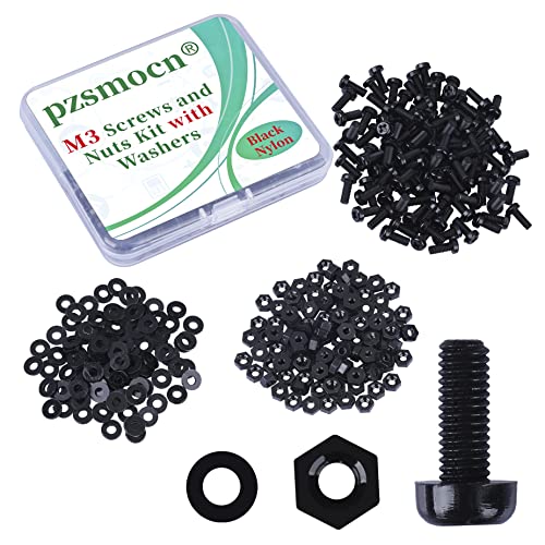 Pzsmocn 300 Stück/100 Sätze M3*8 mm Schwarzes Nylon Kunststoff Kreuzschlitz Rundkopfschrauben-Sechskantmuttern mit Isolierscheibe Standardgröße, für Heimwerker und Elektronische Montage. von pzsmocn