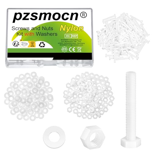 Pzsmocn 300 Stück/100 Sätze M3*20 mm Weißes Nylon Kunststoff Äußeres Sechseck Schrauben-Muttern-Kombinationsset mit Isolierscheibe, Standardgröße für Heimwerker und Elektronische Montage. von pzsmocn