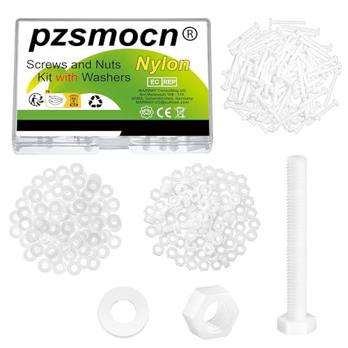 Pzsmocn 300 Stück/100 Sätze M3*25 mm Weißes Nylon Kunststoff Äußeres Sechseck Schrauben-Muttern-Kombinationsset mit Isolierscheibe, Standardgröße für Heimwerker und Elektronische Montage. von pzsmocn