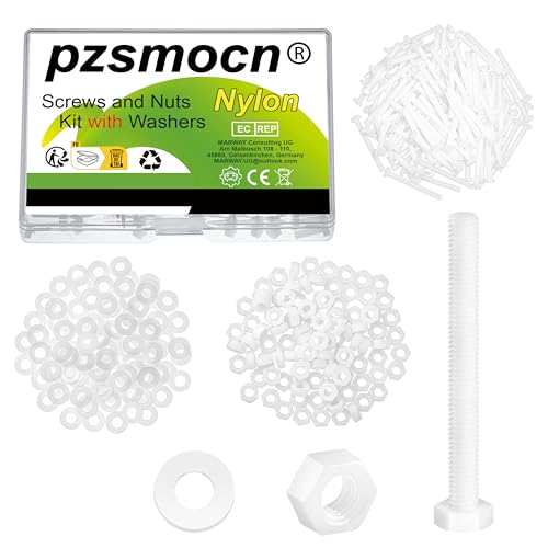 Pzsmocn 300 Stück/100 Sätze M3*30 mm Weißes Nylon Kunststoff Äußeres Sechseck Schrauben-Muttern-Kombinationsset mit Isolierscheibe, Standardgröße für Heimwerker und Elektronische Montage. von pzsmocn