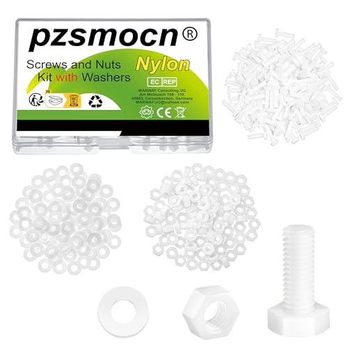 Pzsmocn 300 Stück/100 Sätze M3*8 mm Weißes Nylon Kunststoff Äußeres Sechseck Schrauben-Muttern-Kombinationsset mit Isolierscheibe, Standardgröße für Heimwerker und Elektronische Montage. von pzsmocn