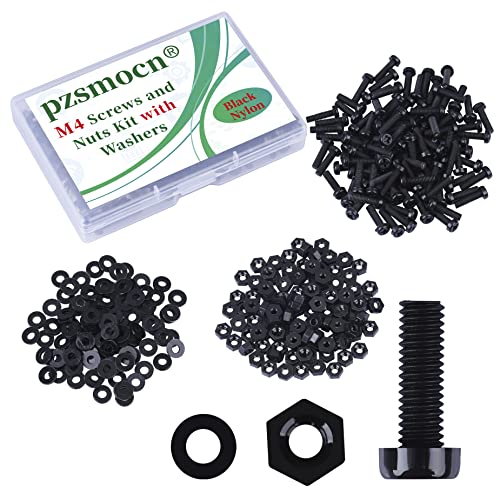 Pzsmocn 300 Stück/100 Sätze M4*15 mm Schwarzes Nylon Kunststoff Kreuzschlitz Rundkopfschrauben-Sechskantmuttern mit Isolierscheibe Standardgröße, für Heimwerker und Elektronische Montage. von pzsmocn