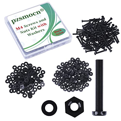 Pzsmocn 300 Stück/100 Sätze M4*30 mm Schwarzes Nylon Kunststoff Kreuzschlitz Rundkopfschrauben-Sechskantmuttern mit Isolierscheibe Standardgröße, für Heimwerker und Elektronische Montage. von pzsmocn