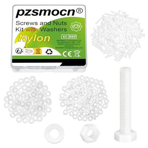 Pzsmocn 300 Stück/100 Sätze M4*25 mm Weißes Nylon Kunststoff Äußeres Sechseck Schrauben-Muttern-Kombinationsset mit Isolierscheibe, Standardgröße für Heimwerker und Elektronische Montage. von pzsmocn