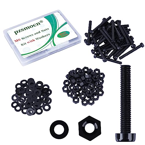 Pzsmocn 90 Stück/30 Sätze M6*50 mm Schwarzes Nylon Kunststoff Kreuzschlitz Rundkopfschrauben-Sechskantmuttern mit Isolierscheibe Standardgröße, für Heimwerker und Elektronische Montage. von pzsmocn