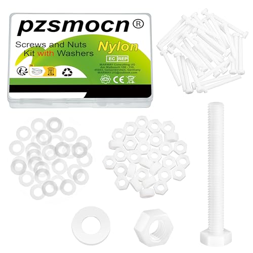 Pzsmocn 90 Stück/30 Sätze M6*50 mm Weißes Nylon Kunststoff Äußeres Sechseck Schrauben-Muttern-Kombinationsset mit Isolierscheibe, Standardgröße für Heimwerker und Elektronische Montage. von pzsmocn