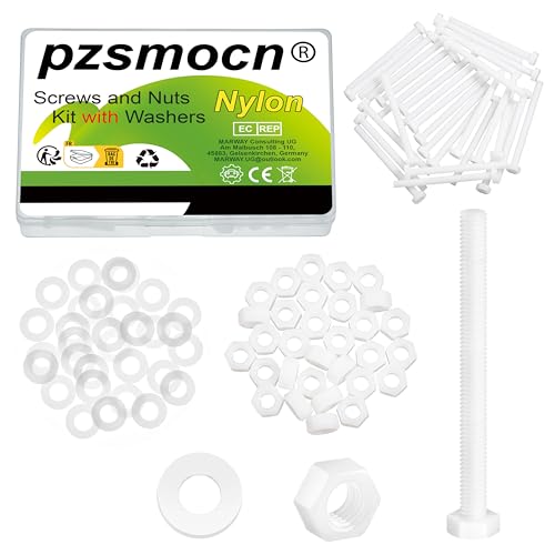 Pzsmocn 90 Stück/30 Sätze M6*70 mm Weißes Nylon Kunststoff Äußeres Sechseck Schrauben-Muttern-Kombinationsset mit Isolierscheibe, Standardgröße für Heimwerker und Elektronische Montage. von pzsmocn