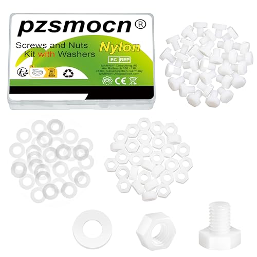 Pzsmocn 90 Stück/30 Sätze M8*10 mm Weißes Nylon Kunststoff Äußeres Sechseck Schrauben-Muttern-Kombinationsset mit Isolierscheibe, Standardgröße für Heimwerker und Elektronische Montage. von pzsmocn