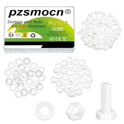 Pzsmocn 90 Stück/30 Sätze M8*20 mm Weißes Nylon Kunststoff Äußeres Sechseck Schrauben-Muttern-Kombinationsset mit Isolierscheibe, Standardgröße für Heimwerker und Elektronische Montage. von pzsmocn