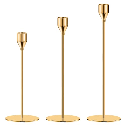 kerzenständer gold, kerzenhalter gold, kerzenständer stabkerzen 3 pack candle holder kerzenhalter metall für Party Hochzeit Deko Tabelle Geburtstag Abendessen Kerzenhalte Vintage Deko Gold (gold-3pcs) von qfandben