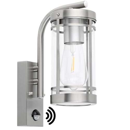 qfzwj Aussenlampe mit Bewegungsmelder, Edelstahl IP44 wasserdichte Außenlampe mit bewegungsmelder,E27 Base Außenleuchte Max.60W von qfzwj
