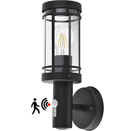 qfzwj Aussenlampe mit Bewegungsmelder, Edelstahl schwarz Aussenleuchte,Anthrazit Wandleuchte aussen,IP44 Wasserdichte Außenlampe,E27 Base Wandlampe Max.60W von qfzwj