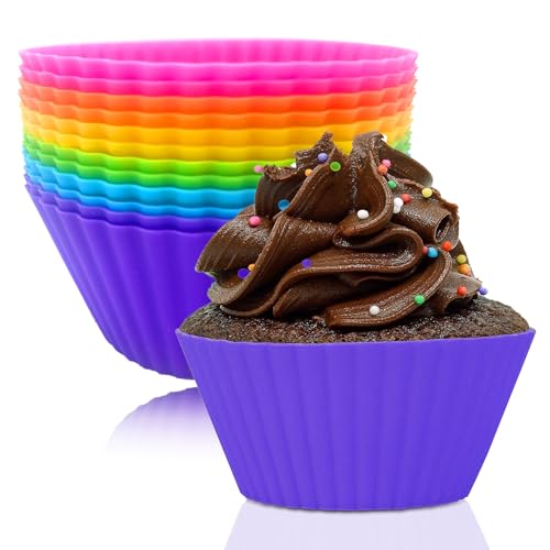 12 Stück Silikon Muffinförmchen, Rund Wiederverwendbare Backförmchen aus Silikon, Antihaftbeschichtet Cupcake Backförmchen, Muffin Formen Muffinform für Kuchen, Eincreme und Pudding, Vielfarbige von qhklew