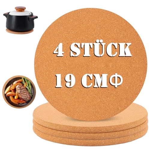 4 Pack Topfuntersetzer Kork, 19 cm Holz Korkuntersetzer, Rutschfester Hitzebeständiger Untersetzer, Wiederverwendbar Hitzebestaendig Untersetzer Kork für Zuhause Küche Wohnzimmer von qhklew
