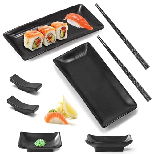 qhklew 8 PCS Japanisches Sushi Geschirr Set, Sushi Platte mit Dipschalen, mit 2 Paar Essstäbchen, 2 Essstäbchenablagen, 2 Teller, 2 Dipteller, Geeignet für Restaurants, Familien und Hotels von qhklew