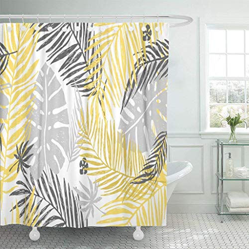 qhtqtt Duschvorhänge Wasserdichtes Gold Exotisches Muster Mit Gelb Grau Palmblättern Auf Weiß Hand Zeichnen Silhouette Baum 180X200Cm A von qhtqtt