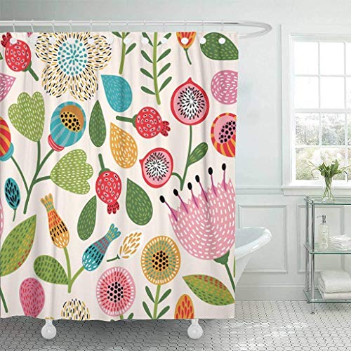 qhtqtt Duschvorhang Mit Haken Bunte Blume Blumenmuster Rot Vintage Retro Blatt Pastell Modern Abstrakt Niedlich Dekorativ Badezimmer 180X180Cm A von qhtqtt