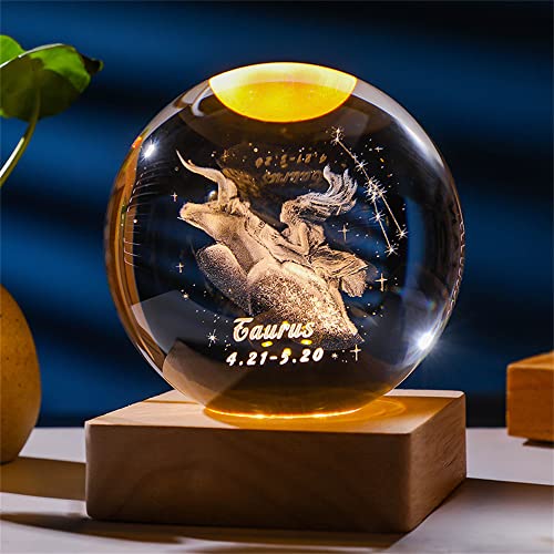 qianyue Laser Gravierte Sternzeichen Kristallkugel Miniatur 3D Kristall Handwerk Dekoration Glas Kugel Dekoration Zubehör Geschenk (80mm, Stier) von qianyue